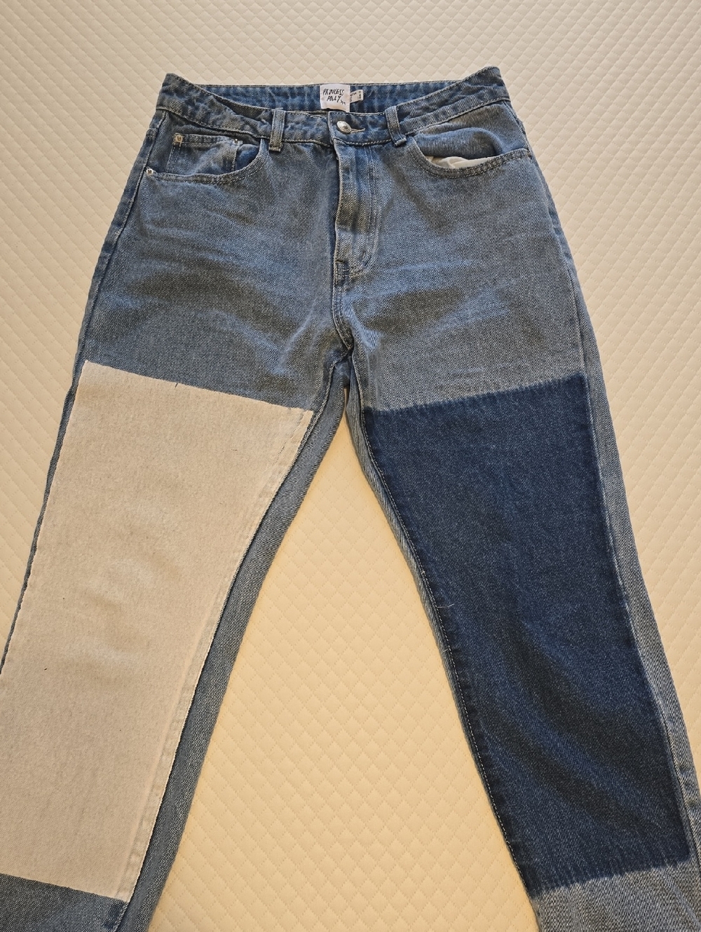 Princess Polly Men's Patchwork Relaxed Jeans - Dark Blue & Cream